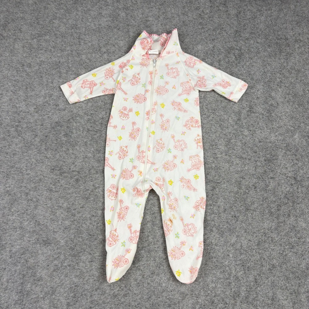 Vintage Baby Footie Pajamas Girl 11-18‎ LBS White Pink Carriage Print Zip Up